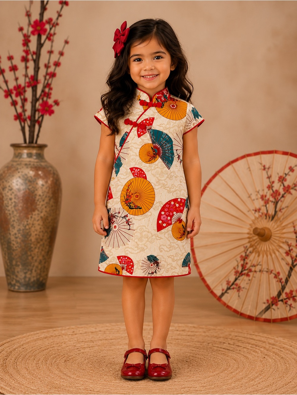 Toddler Asian Inspired Cheongsam Dress Red Gold Fan Print Size 3T Disneys Epcot‎